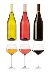 Obraz premium Rose, red and white wine in bottles and glasses on transparent background