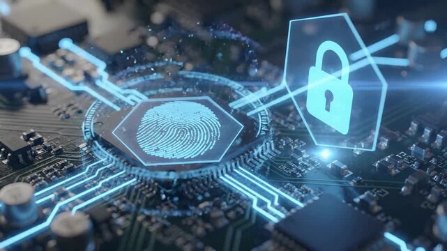 Biometric cybersecurity animation with fingerprint scanner and digital lock, secure authentication and data protection concept, advanced identity verification technology video