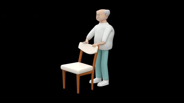 Elderly male doing exercises for hamstrings using a chair for stability, 3d render animation with alpha channel
