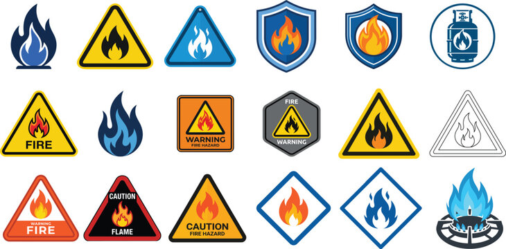 Set of fire and flame danger warning signs and hazard alert symbols in various geometric shapes for industrial safety