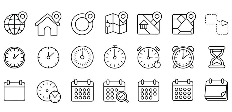 Clock, Calendar and Map Pin Icons &ndash; Minimal Editable Stroke Vector Collection