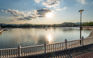 Fototapeta premium Old Lake in Kislovodsk in sunset.