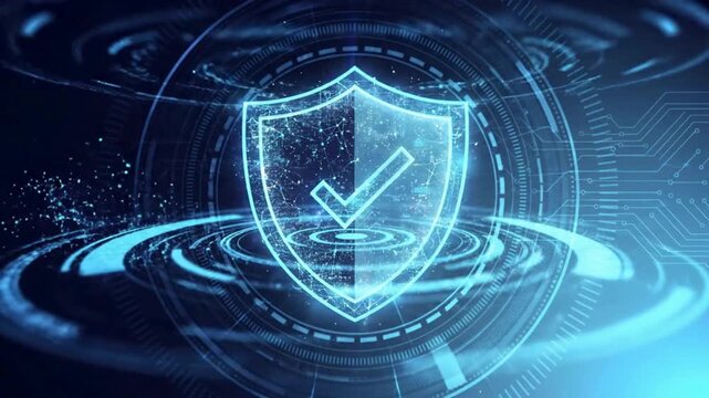 Cybersecurity shield animation with digital verification checkmark, secure data protection and trusted network defense concept, online privacy and modern security technology video