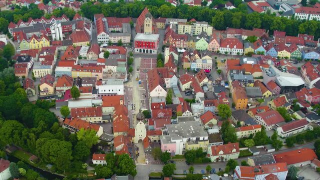 Aerial view of the old town and city Erding, 85435 in Germany, Bavaria on a sunny noon spring day
