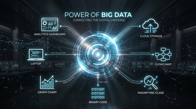 Cinematic modern infographic visualizing the power of big data connecting the digital universe with analytics dashboard and cloud storage.