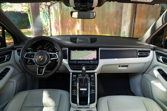 Porsche Macan front dashboard interior view, Luxury compact SUV full cockpit interior