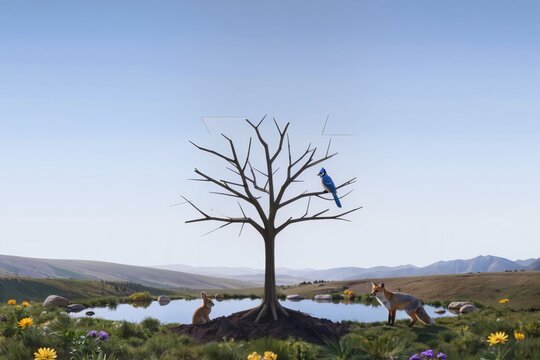 Illustration minimaliste d&rsquo;un arbre solitaire avec animaux sauvages dans un paysage naturel paisible
