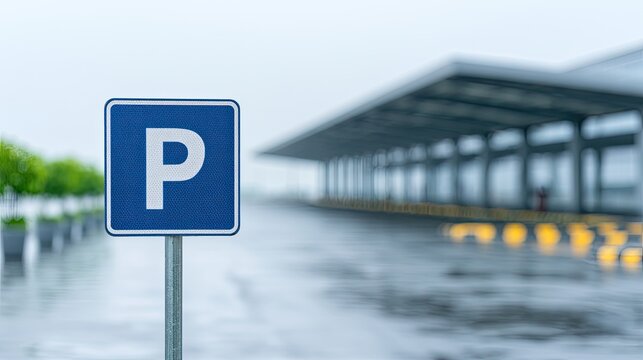 Blue parking sign in wet, overcast parking lot with covered area