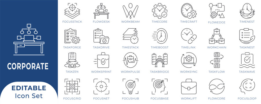 Corporate productivity and time management icon set. Containing business workflow, task, strategy, optimization and target icons. Vector collection.
