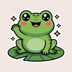 Fototapeta premium Cute cartoon frog waving hello while sitting on a lily pad vector illustration featuring a happy green amphibian character with sparkling accents and blush