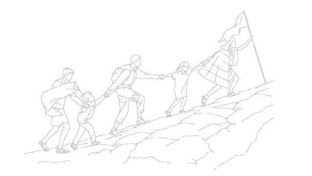 Family hiking adventure illustration with parents and children climbing mountain trail together, holding hands, carrying backpacks, and reaching summit flag in clean minimal line drawing style