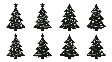 Obraz premium Eight black christmas tree icons decorated with ornaments and festive lights for seasonal holiday graphic design