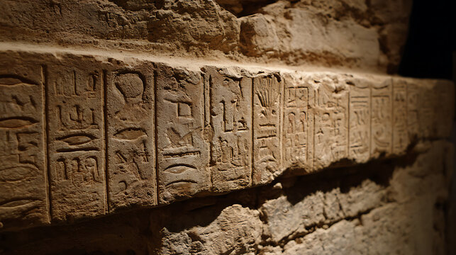 Ancient stone wall with intricate relief carvings, illuminated by dramatic light, showcasing historical hieroglyph like symbols and textures