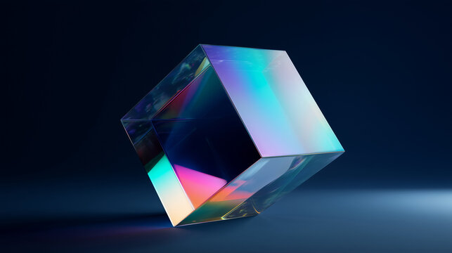 Futuristic holographic crystal cube with rainbow light refraction, premium abstract glass geometry on dark minimal background holographic cube, crystal cube, glass geometry, rainbo