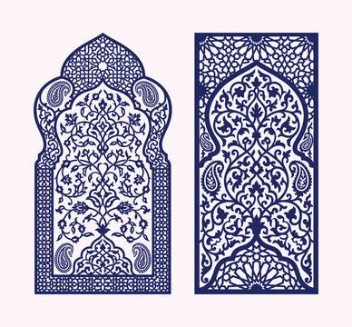 Islamic style ornate arch window frames with intricate floral patterns and paisley shapes.