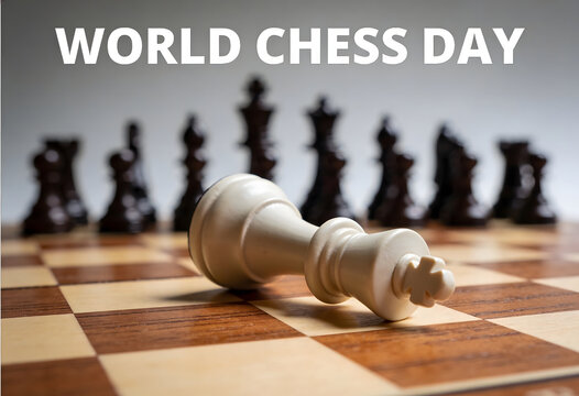 White king lying defeated on checkerboard for world chess day banner concept.