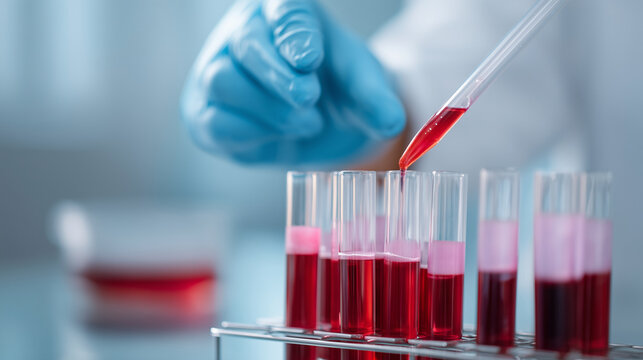 Close-up of gloved laboratory hand testing red liquid samples, clinical diagnostics, blood analysis and biomedical research backgroundblood analysis, clinical diagnostics, lab samp