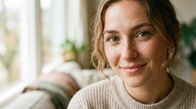 Close-up of a smiling woman with freckles