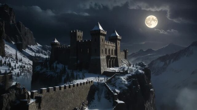 Snowy mountain fortress in dramatic fantasy style against dark night sky, concept of mystery and adventure