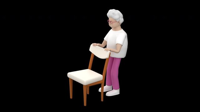 Senior female doing exercises for hamstrings using a chair for stability, 3d render with alpha channel