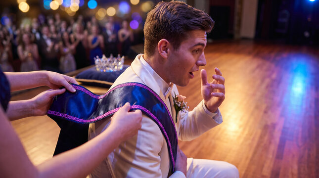 Young man surprised while receiving a sash at prom ceremony  