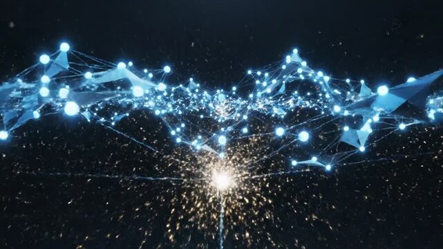 Glowing blue digital network nodes connecting through a floating abstract data structure moving in a seamless loop 
