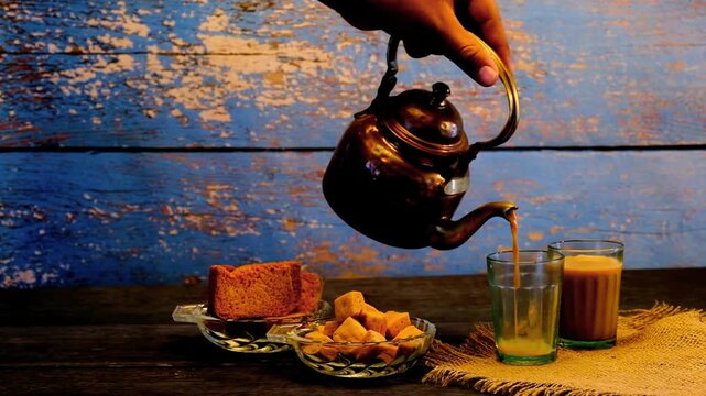 Traditional Indian Masala Chai Being Poured into a Glass Cup with Rusks and Sweets.
