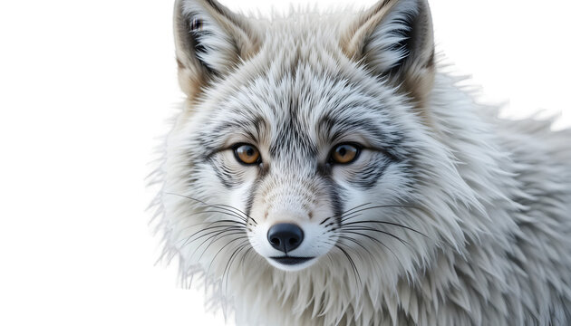 A close-up portrait of a majestic white wolf with piercing yellow eyes