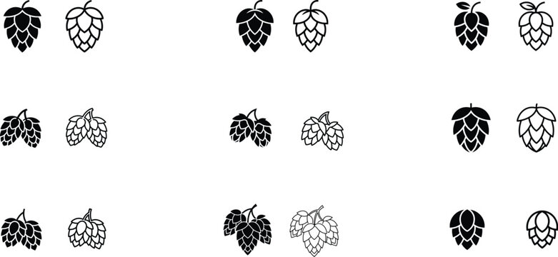 Hop icon set, brewery and beer production symbols in line and flat style
