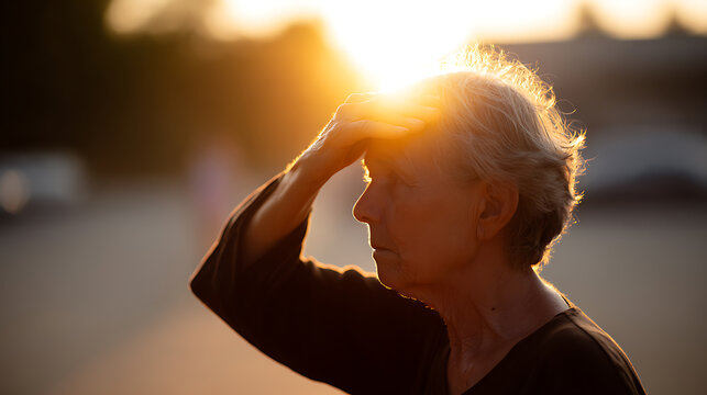 Senior woman shield eyes from bright sun outdoors, golden hour light, blurred background, contemplative expression, side profile view, calm, reflective mood