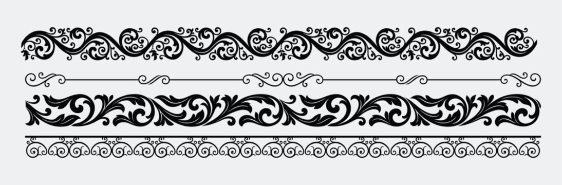 Decorative black borders and dividers with swirling floral and scrollwork patterns.