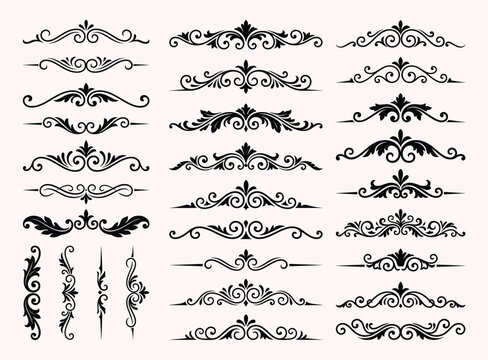 Decorative scroll border dividers set with flourishes isolated on light pink backdrop.