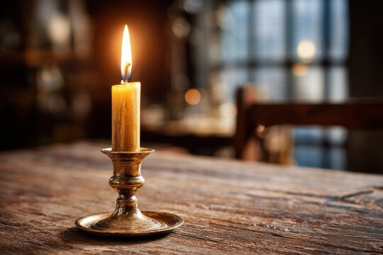 Amber glow from a single candle on a metal candlestick with a wooden backdrop