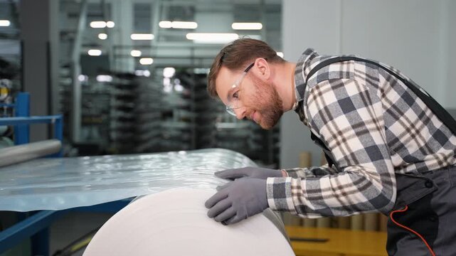 Worker inspecting polyethylene film production in a factory