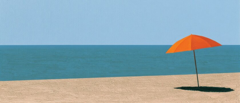 An orange umbrella stands on a sandy beach, casting a shadow