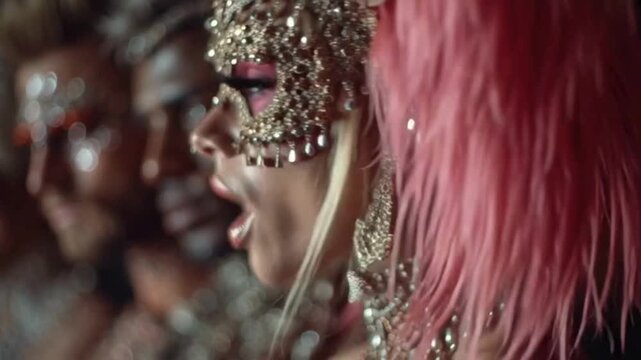 Glamorous Female Singer in Sparkling Masquerade Mask on Stage
