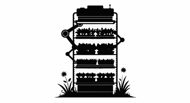 Vertical hydroponic farm with robotic arms tending to lush green plants for sustainable urban agriculture.