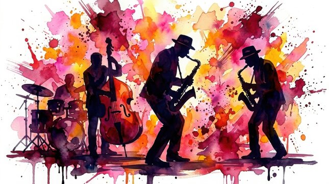 Watercolor illustration of a jazz band performing