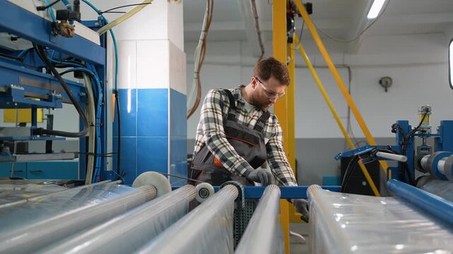 Factory worker operating polyethylene production line machine