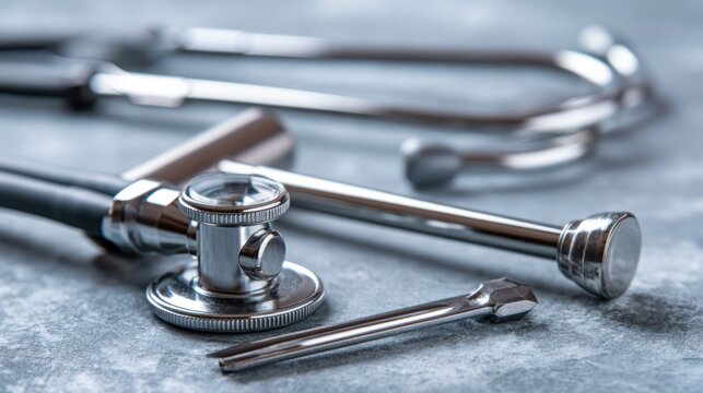 Closeup stethoscope on stainless tray reflecting sterile clinical environment with metallic textures, shallow depth of field, cool blue tones, focused diaphragm and tubing, subtle reflections and high