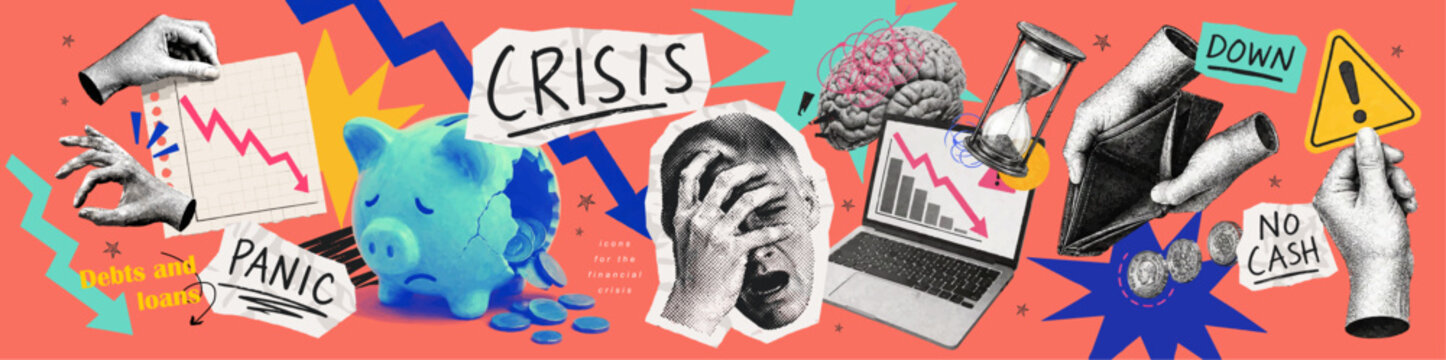 Financial crisis collage with broken piggy bank, falling charts, empty wallet and panic concept. Bold economic downturn illustration for debt, inflation, recession, stress and finance themes.