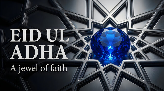 Luxury blue sapphire background for Eid ul Adha with 3D geometric islamic patterns and glowing light for modern religious festival celebration and eid mubarak wallpaper design art