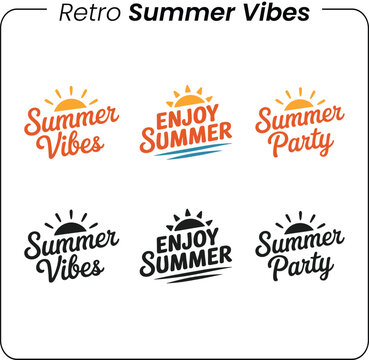 Set of colorful and black retro summer vibes and party typography logos with sun icons for vacation