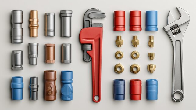 Assorted fittings and adjustable wrench on table, flat lay composition with mixed brass and steel connectors, colored protective caps, large adjustable spanner, realistic garage vibe, suitable for DIY