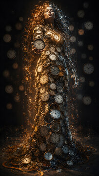 Surreal Tall Woman Made of Stacked Vintage Clocks Time Goddess Portrait Fantasy Character Art