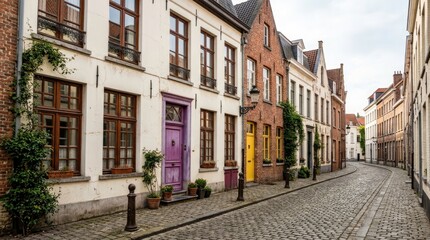 Naklejka premium Charming Cobblestone Street with Historic Townhouses and Colorful Doors