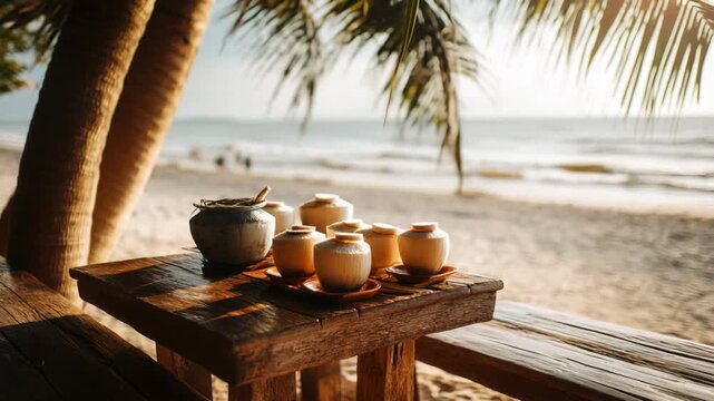 A wooden table on a beach with several ceramic jars and a small bowl. Palm trees frame the scene, with a calm ocean in the background and soft waves.