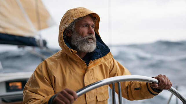 Solo ocean sailor in foul weather jacket gripping stainless wheel during Atlantic crossing, spray-soaked cockpit, autopilot display glowing, storm jib deployed forward, offshore passage making, blue
