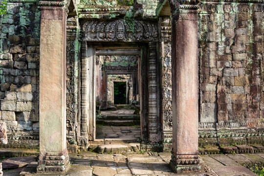Perspective of carved stone gateways at Preah Khan temple, Angkor