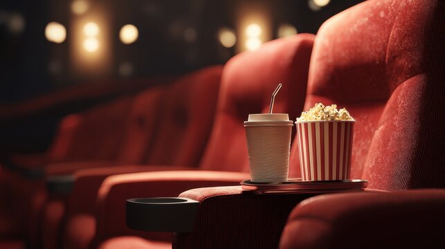 Close-up of a plush red cinema seat with popcorn and drink in a dim theater